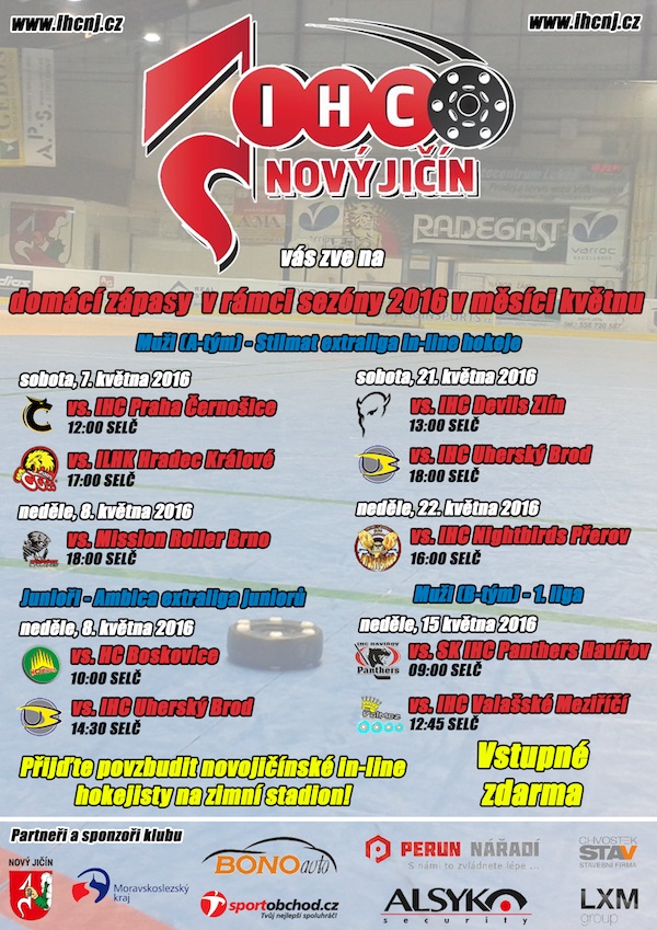 Pozvánka k domácím zápasům IHC Nový Jičín